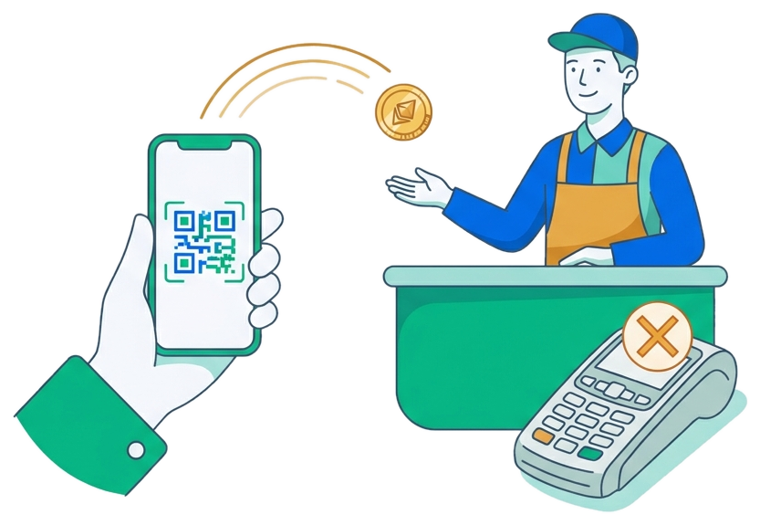Ilustração: pagamento por QR no celular direto ao comerciante, sem maquininha